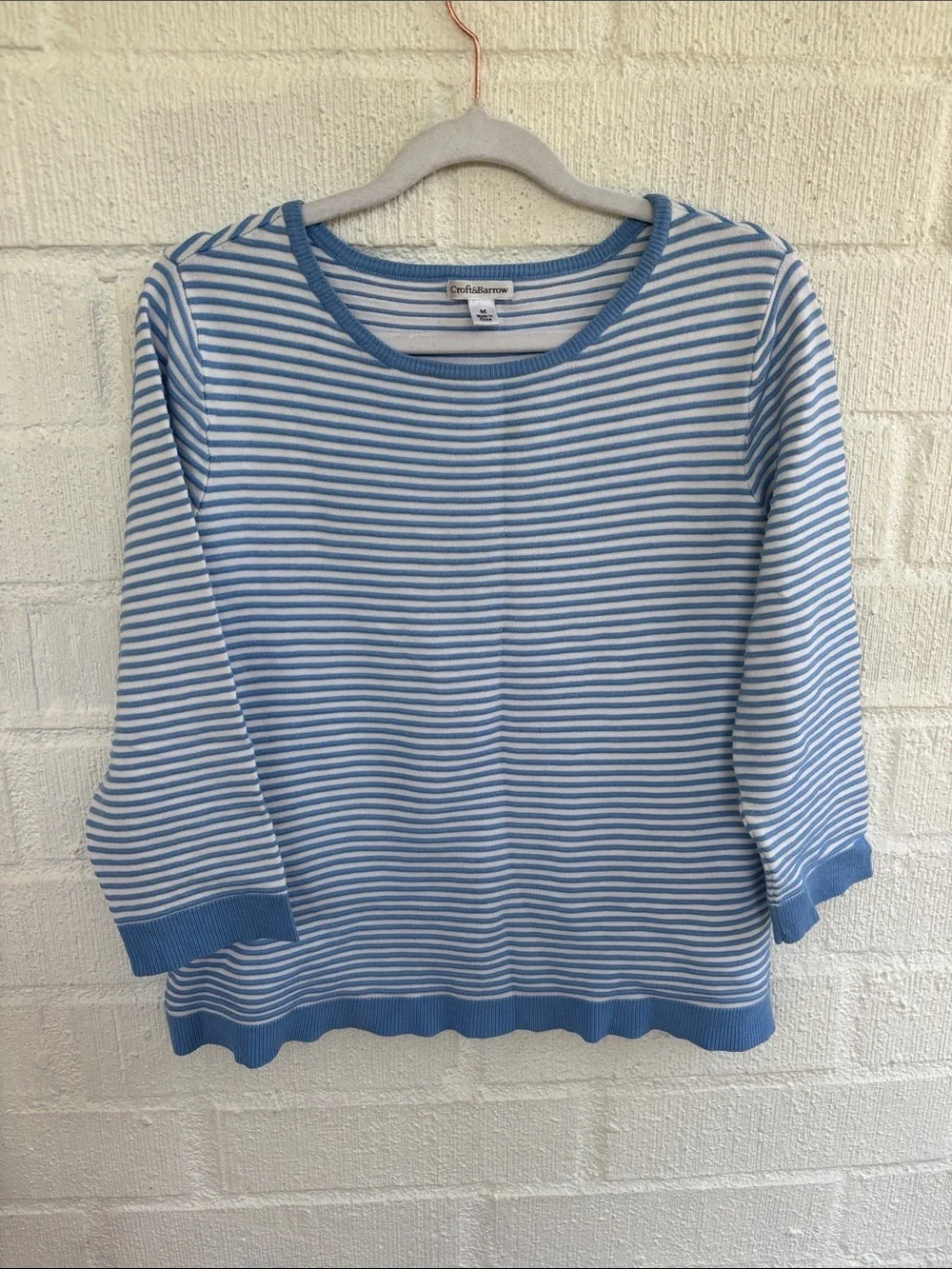 croft & barrow Light Blue and White Striped Knit 3/4 Sleeve Top sz M